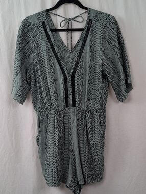 KHUSH RESORT WEAR V-Neck Short Sleeve Romper in Blue & Black Snake Print